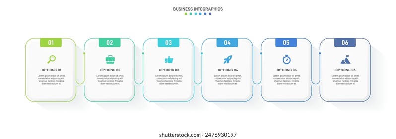 Barra de progreso Horizontal con 6 Elementos en forma de flecha, que simbolizan las seis etapas de estrategia y progresión empresarial. Plantilla de diseño de infografía de línea de tiempo limpia. Vector de presentación