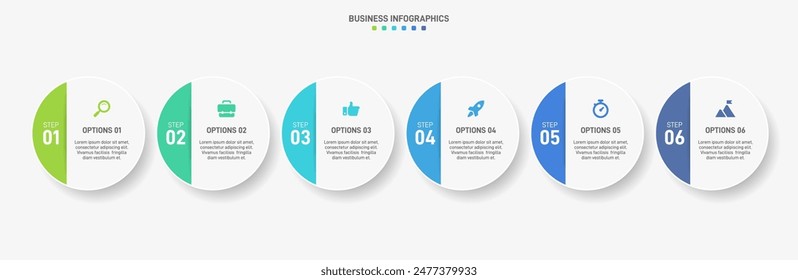 Horizontal progress bar featuring 6 arrow-shaped elements, symbolizing the six stages of business strategy and progression. Clean timeline infographic design template. Vector for presentation