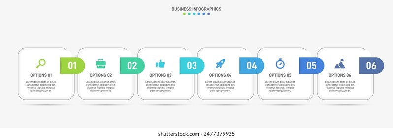 Horizontale Fortschrittsleiste mit 6 pfeilförmigen Elementen, die die sechs Stufen der Geschäftsstrategie und des Fortschritts symbolisieren. Vorlage des Infografik-Designs für eine saubere Zeitleiste. Vektorgrafik für die Präsentation