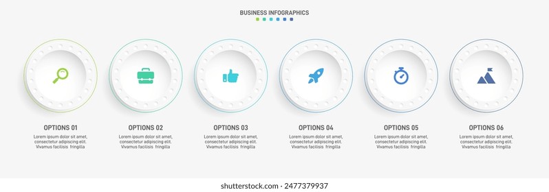Horizontal progress bar featuring 6 arrow-shaped elements, symbolizing the six stages of business strategy and progression. Clean timeline infographic design template. Vector for presentation
