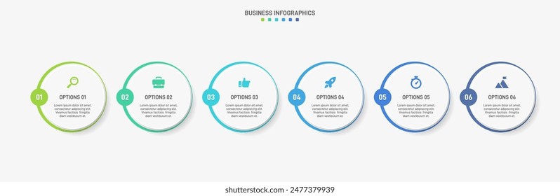 Horizontal progress bar featuring 6 arrow-shaped elements, symbolizing the six stages of business strategy and progression. Clean timeline infographic design template. Vector for presentation