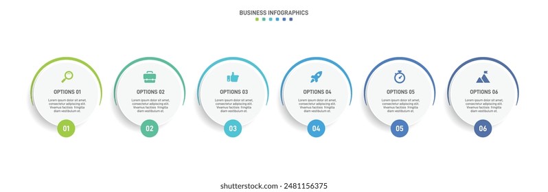 Horizontal progress bar featuring 6 arrow-shaped elements, symbolizing the six stages of business strategy and progression. Clean timeline infographic design template. Vector for presentation