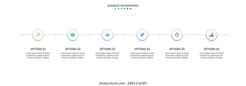Horizontal progress bar featuring 6 arrow-shaped elements, symbolizing the six stages of business strategy and progression. Clean timeline infographic design template. Vector for presentation