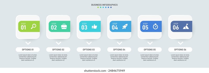 Horizontal progress bar featuring 6 arrow-shaped elements, symbolizing the six stages of business strategy and progression. Clean timeline infographic design template. Vector for presentation