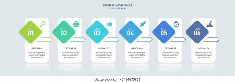 Horizontale Fortschrittsleiste mit 6 pfeilförmigen Elementen, die die sechs Stufen der Geschäftsstrategie und des Fortschritts symbolisieren. Vorlage des Infografik-Designs für eine saubere Zeitleiste. Vektorgrafik für die Präsentation