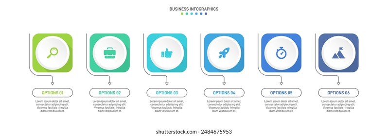 Horizontal progress bar featuring 6 arrow-shaped elements, symbolizing the six stages of business strategy and progression. Clean timeline infographic design template. Vector for presentation