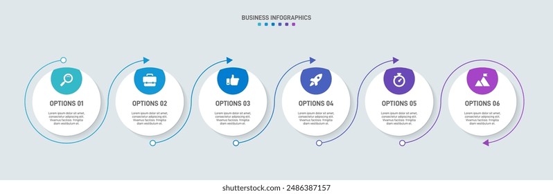 Horizontal progress bar featuring 6 arrow-shaped elements, symbolizing the six stages of business strategy and progression. Clean timeline infographic design template. Vector for presentation
