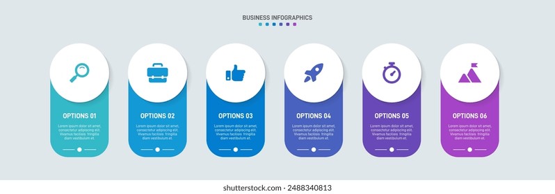 Horizontal progress bar featuring 6 arrow-shaped elements, symbolizing the six stages of business strategy and progression. Clean timeline infographic design template. Vector for presentation