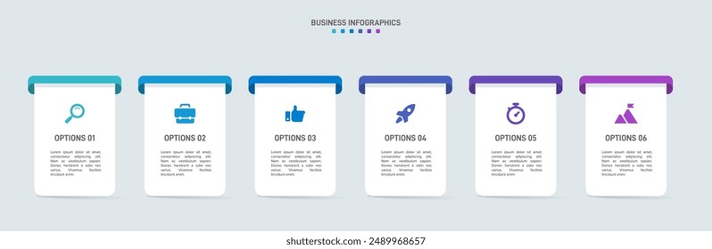 Horizontal progress bar featuring 6 arrow-shaped elements, symbolizing the six stages of business strategy and progression. Clean timeline infographic design template. Vector for presentation
