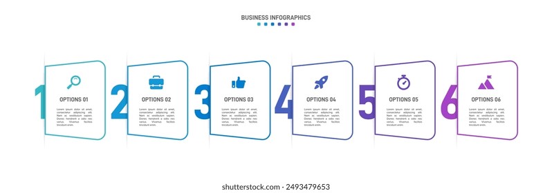 Horizontal progress bar featuring 6 arrow-shaped elements, symbolizing the six stages of business strategy and progression. Clean timeline infographic design template. Vector for presentation