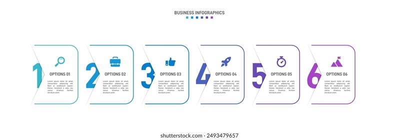 Horizontal progress bar featuring 6 arrow-shaped elements, symbolizing the six stages of business strategy and progression. Clean timeline infographic design template. Vector for presentation