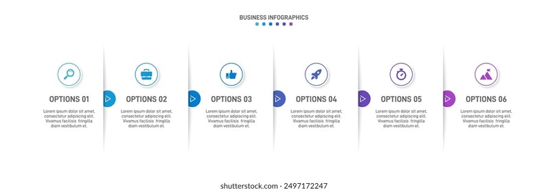 Horizontal progress bar featuring 6 arrow-shaped elements, symbolizing the six stages of business strategy and progression. Clean timeline infographic design template. Vector for presentation