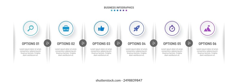 Horizontal progress bar featuring 6 arrow-shaped elements, symbolizing the six stages of business strategy and progression. Clean timeline infographic design template. Vector for presentation