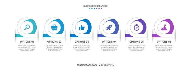 Horizontal progress bar featuring 6 arrow-shaped elements, symbolizing the six stages of business strategy and progression. Clean timeline infographic design template. Vector for presentation