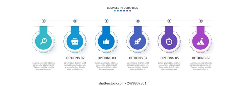 Horizontal progress bar featuring 6 arrow-shaped elements, symbolizing the six stages of business strategy and progression. Clean timeline infographic design template. Vector for presentation