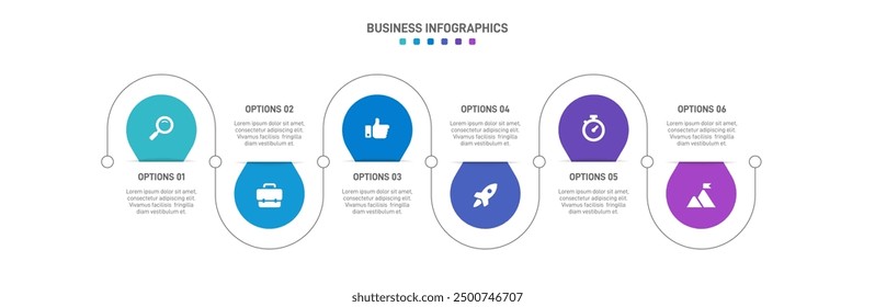 Horizontal progress bar featuring 6 arrow-shaped elements, symbolizing the six stages of business strategy and progression. Clean timeline infographic design template. Vector for presentation