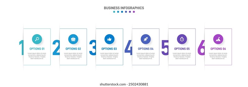 Horizontal progress bar featuring 6 arrow-shaped elements, symbolizing the six stages of business strategy and progression. Clean timeline infographic design template. Vector for presentation