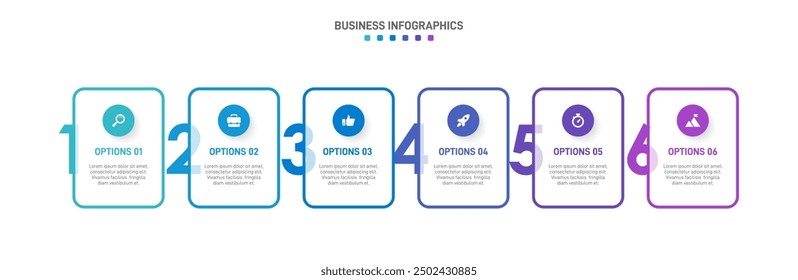 Horizontal progress bar featuring 6 arrow-shaped elements, symbolizing the six stages of business strategy and progression. Clean timeline infographic design template. Vector for presentation