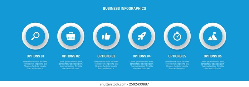 Horizontal progress bar featuring 6 arrow-shaped elements, symbolizing the six stages of business strategy and progression. Clean timeline infographic design template. Vector for presentation