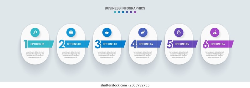 Horizontal progress bar featuring 6 arrow-shaped elements, symbolizing the six stages of business strategy and progression. Clean timeline infographic design template. Vector for presentation