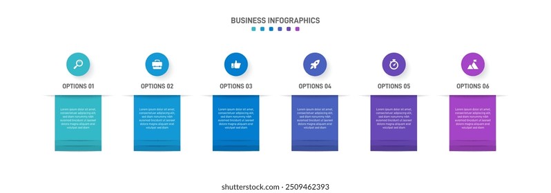 Horizontal progress bar featuring 6 arrow-shaped elements, symbolizing the six stages of business strategy and progression. Clean timeline infographic design template. Vector for presentation