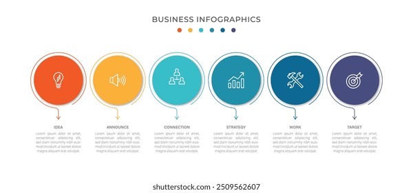 Horizontal progress bar featuring 6 arrow-shaped elements, symbolizing the six stages of business strategy and progression. Clean timeline infographic design template. Vector for presentation