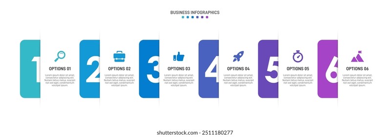 Horizontal progress bar featuring 6 arrow-shaped elements, symbolizing the six stages of business strategy and progression. Clean timeline infographic design template. Vector for presentation