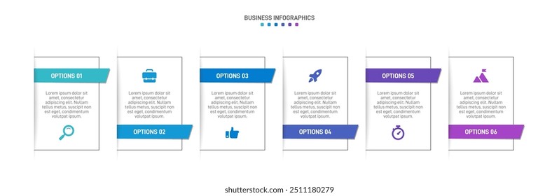 Horizontal progress bar featuring 6 arrow-shaped elements, symbolizing the six stages of business strategy and progression. Clean timeline infographic design template. Vector for presentation