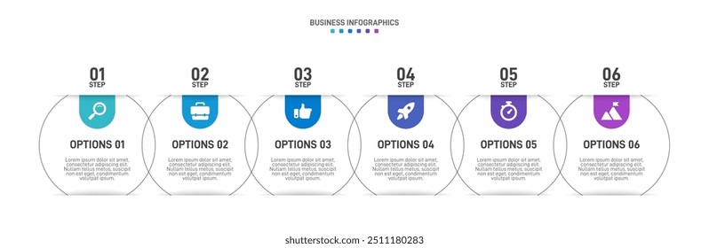 Horizontal progress bar featuring 6 arrow-shaped elements, symbolizing the six stages of business strategy and progression. Clean timeline infographic design template. Vector for presentation