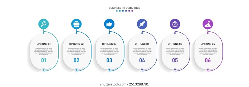 Horizontal progress bar featuring 6 arrow-shaped elements, symbolizing the six stages of business strategy and progression. Clean timeline infographic design template. Vector for presentation