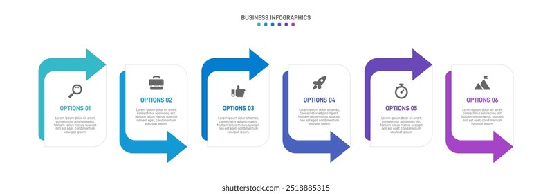 Horizontal progress bar featuring 6 arrow-shaped elements, symbolizing the six stages of business strategy and progression. Clean timeline infographic design template. Vector for presentation