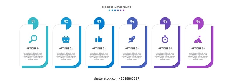 Barra de progresso horizontal com 6 elementos em forma de seta, simbolizando os seis estágios da estratégia e progressão de negócios. Modelo de design de infográfico de linha do tempo limpo. Vetor para apresentação