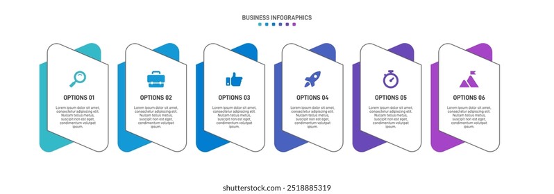 Barra de progresso horizontal com 6 elementos em forma de seta, simbolizando os seis estágios da estratégia e progressão de negócios. Modelo de design de infográfico de linha do tempo limpo. Vetor para apresentação