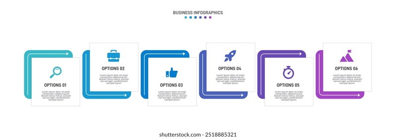 Horizontal progress bar featuring 6 arrow-shaped elements, symbolizing the six stages of business strategy and progression. Clean timeline infographic design template. Vector for presentation