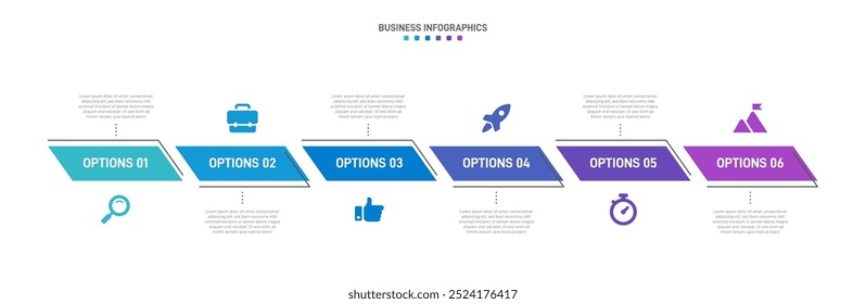 Horizontal progress bar featuring 6 arrow-shaped elements, symbolizing the six stages of business strategy and progression. Clean timeline infographic design template. Vector for presentation