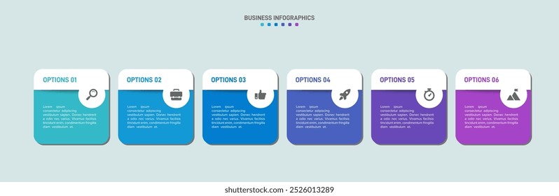 Barra de progresso horizontal com 6 elementos em forma de seta, simbolizando os seis estágios da estratégia e progressão de negócios. Modelo de design de infográfico de linha do tempo limpo. Vetor para apresentação