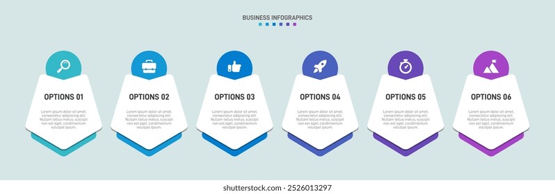 Barra de progresso horizontal com 6 elementos em forma de seta, simbolizando os seis estágios da estratégia e progressão de negócios. Modelo de design de infográfico de linha do tempo limpo. Vetor para apresentação