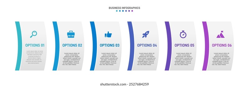 Horizontal progress bar featuring 6 arrow-shaped elements, symbolizing the six stages of business strategy and progression. Clean timeline infographic design template. Vector for presentation