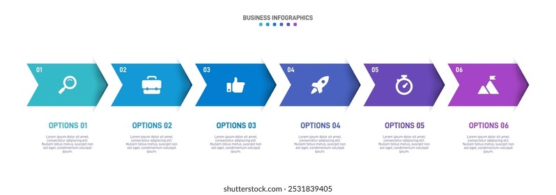 Barra de progresso horizontal com 6 elementos em forma de seta, simbolizando os seis estágios da estratégia e progressão de negócios. Modelo de design de infográfico de linha do tempo limpo. Vetor para apresentação