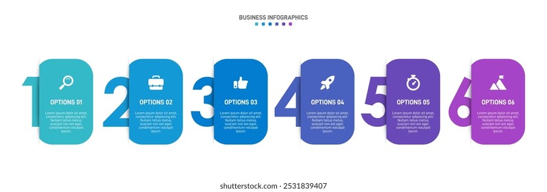 Barra de progresso horizontal com 6 elementos em forma de seta, simbolizando os seis estágios da estratégia e progressão de negócios. Modelo de design de infográfico de linha do tempo limpo. Vetor para apresentação