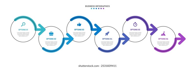 Barra de progreso Horizontal con 6 Elementos en forma de flecha, que simbolizan las seis etapas de la estrategia y la progresión empresarial. Plantilla de diseño de infografía de línea de tiempo limpia. Vector de presentación