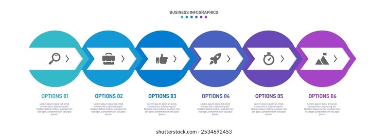 Horizontal progress bar featuring 6 arrow-shaped elements, symbolizing the six stages of business strategy and progression. Clean timeline infographic design template. Vector for presentation