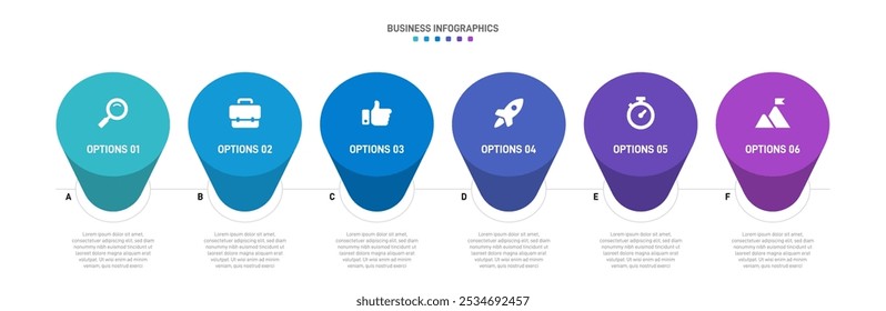 Horizontal progress bar featuring 6 arrow-shaped elements, symbolizing the six stages of business strategy and progression. Clean timeline infographic design template. Vector for presentation