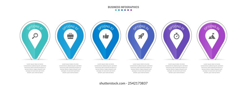 Horizontal progress bar featuring 6 arrow-shaped elements, symbolizing the six stages of business strategy and progression. Clean timeline infographic design template. Vector for presentation