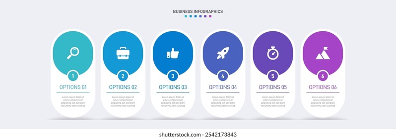 Horizontal progress bar featuring 6 arrow-shaped elements, symbolizing the six stages of business strategy and progression. Clean timeline infographic design template. Vector for presentation