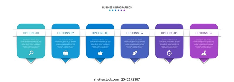 Horizontal progress bar featuring 6 arrow-shaped elements, symbolizing the six stages of business strategy and progression. Clean timeline infographic design template. Vector for presentation