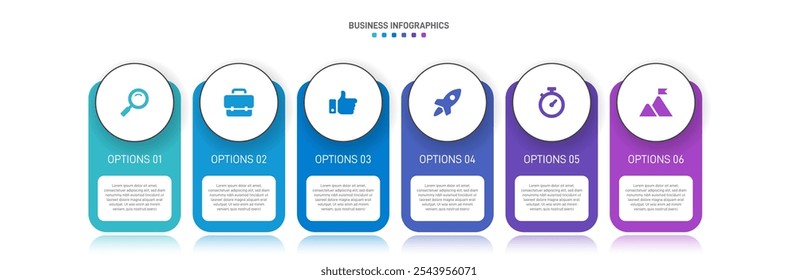 Horizontal progress bar featuring 6 arrow-shaped elements, symbolizing the six stages of business strategy and progression. Clean timeline infographic design template. Vector for presentation