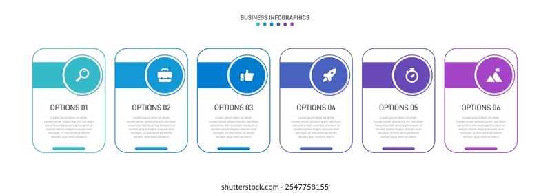 Barra de progresso horizontal com 6 elementos em forma de seta, simbolizando os seis estágios da estratégia e progressão de negócios. Modelo de design de infográfico de linha do tempo limpo. Vetor para apresentação