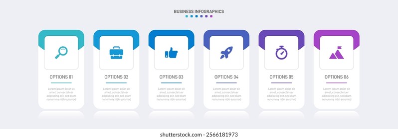 Horizontal progress bar featuring 6 arrow-shaped elements, symbolizing the six stages of business strategy and progression. Clean timeline infographic design template. Vector for presentation