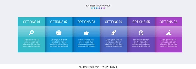 Horizontal progress bar featuring 6 arrow-shaped elements, symbolizing the six stages of business strategy and progression. Clean timeline infographic design template. Vector for presentation